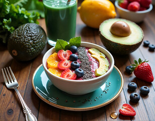 A vibrant fruit and vegetable bowl, garnished with strawberries, blueberries, and chia seeds, accompanied by a green smoothie and fresh produce on a wooden table.