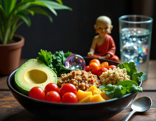 A black bowl of mixed vegetables, avocado, and cherry tomatoes sits on a wooden table, accompanied by a glass of water and a Buddha figurine.