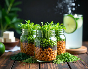 Three glass jars filled with vibrant green sprouts and orange beans are arranged on a wooden table, accompanied by a glass of water and a lime slice.