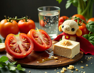 A wooden cutting board holds two halved tomatoes, a block of soft cheese, a glass of water, and a small stuffed animal resembling a lamb, surrounded by fresh vegetables.