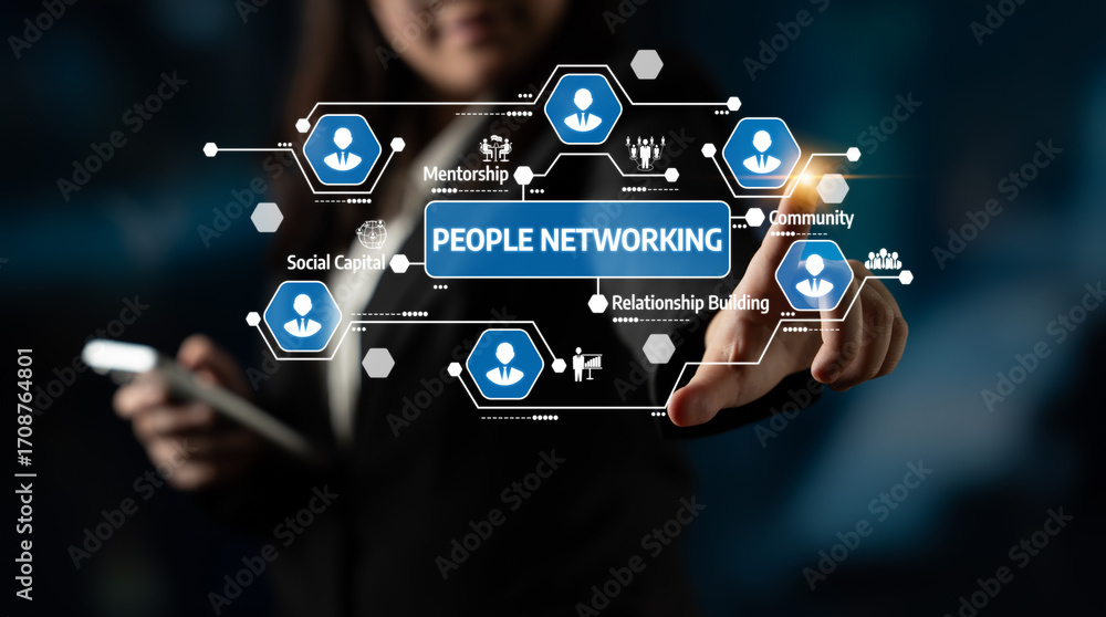 Poster a business professional interacts with a digital networking interface, highlighting mentorship, comm