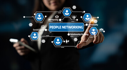 A business professional interacts with a digital networking interface, highlighting mentorship, community, and relationship building in a connected environment. Tessel