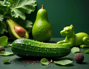 A vibrant arrangement of fresh produce and a whimsical green figurine is set against a dark green backdrop, creating a visually appealing scene.