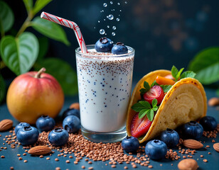 Blueberry Smoothie with Taco Shell and Fresh Berries