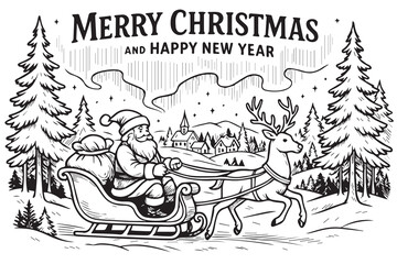 Vector illustration of a Christmas theme, featuring Santa’s village, black and white style, outlined with bold black lines, perfect for festive designs or decorations.