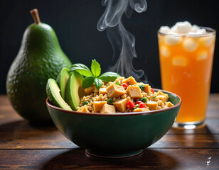 A green bowl filled with avocado, quinoa, and colorful vegetables sits on a wooden table, accompanied by a whole avocado and a glass of orange-colored beverage.