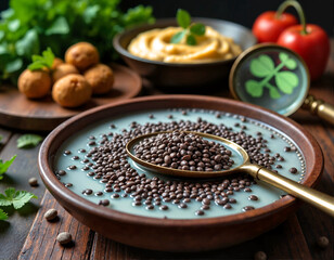 A wooden table is set with a bowl of light blue soup containing dark brown lentils, a gold spoon, a bowl of yellow mashed potatoes, a plate of golden brown potatoes, and fresh red tomatoes.