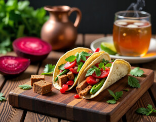 A rustic wooden table is set with two vibrant tacos filled with fresh vegetables, garnished with cilantro, accompanied by a copper pitcher and a glass of tea.