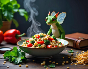A bowl of salad with red and green bell peppers, parsley, and croutons sits on a wooden table, accompanied by a red bell pepper, a green dragon figurine, and a book.