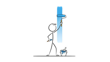 Minimalist stick figure painting a vertical blue stripe on a white wall with a paint roller and bucket.