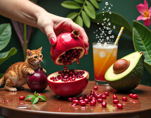 A hand holds a pomegranate, revealing its red seeds, while an orange cat gazes and a glass of orange juice sits nearby.