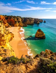 Coastal beach scene with vibrant colors