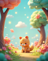 Fototapeta premium Adorable 3D Rendered Fox Pup in Whimsical Pastel Flower Garden, Happy Childlike Mood, Perfect for Children's Products.