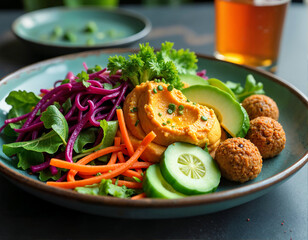 A vibrant and healthy salad with hummus, cucumber, avocado, falafel, broccoli, carrots, and red cabbage is served on a blue plate, accompanied by a glass of orange liquid.