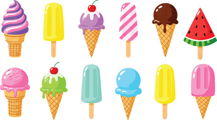 Colorful ice cream and popsicle collection with waffle cones, fruity flavors, and summer treats in playful design for food illustration