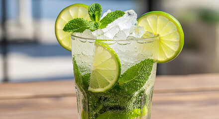 A refreshing mojito cocktail with fresh mint, lime slices, and crushed ice, served in a tall glass on a wooden table.