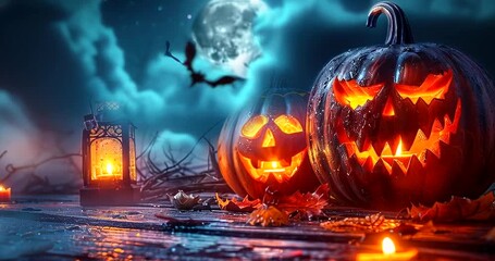 Spooky halloween night with carved pumpkins glowing with candlelight, a full moon, and a vintage lantern on a wet wooden surface 4k video - Powered by Adobe