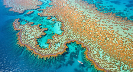 Aerial view of the Great Barrier Reef's vibrant coral and turquoise waters.
