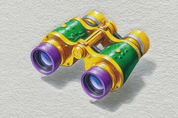 Colorful artistic binoculars showcasing intricate design elements with purple lenses and striking green detailing capturing the essence of exploration and adventure in visual perception