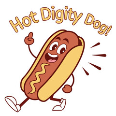 Lively hotdog character proudly gestures upwards while joyfully prancing across the white background
