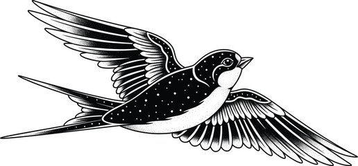Black and white stylized swallow in flight with dotwork shading, tattoo-inspired bird illustration for artistic, decorative, and nature design