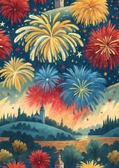 Happy New Year 2026 oil painting with bold fireworks in red, blue, and yellow hues. A festive, energetic artwork ideal for greeting cards, seasonal wallpapers, and digital illustrations.