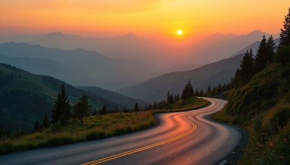 Majestic sunset illuminates winding mountain road, casting golden light on asphalt curves. Layered mountain ranges fade into horizon under warm orange sky. Green hills, pine trees frame scenic