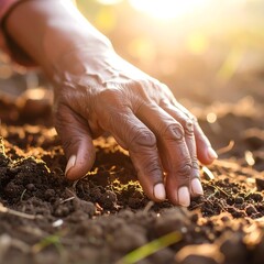 A hand gently tending the soil