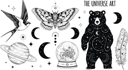 Mystical celestial wildlife illustration with moon phases, cosmic bear, moth, bird, feather, stars, planets, nature symbols, and universe art