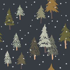Obraz premium Christmas seamless pattern, green fir trees, white stars, black background. Vector illustration. Nature design. Season greeting. Winter holidays