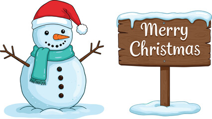 Cartoon snowman with Santa hat and scarf, Merry Christmas wooden sign, snow winter scene, holiday greeting, Christmas decoration vector art