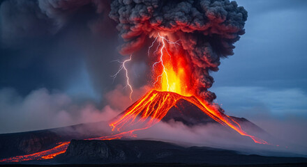 A powerful volcanic eruption spewing lava and ash into the stormy sky, illuminated by lightning.