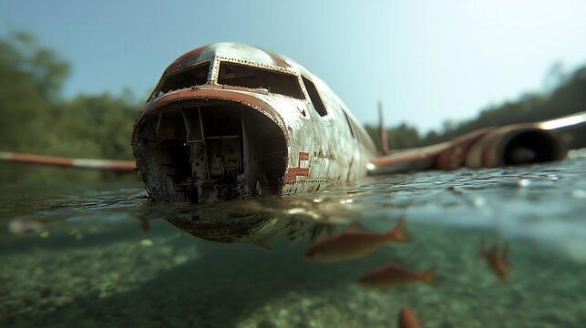 Sunken Plane Wreck: A partially submerged, decaying airplane wreck underwater, fish swim through clear water. A serene yet haunting scene. Aviation past.