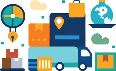 Delivery and logistics vector illustration featuring truck globe and boxes for shipping services
