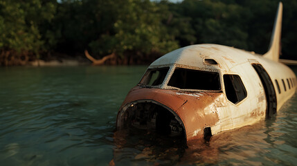 Sunken Airplane Wreckage:  A weathered fuselage submerged in shallow water, evoking mystery and abandonment amidst lush greenery.