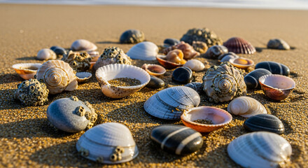 Seashells and pebbles scattered on a sandy beach.