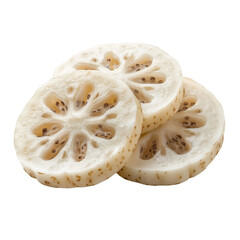 Fresh lotus root slices stacked on a white background, showcasing their unique floral pattern and crisp texture. on transparent background