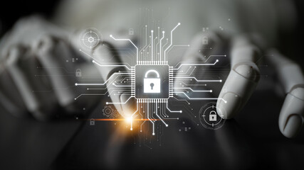 AI safeguarding cyber security system, monitoring threats, analyzing attack patterns, and securing...