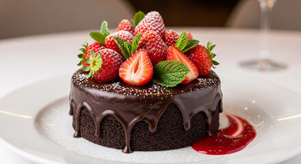 Chocolate cake with strawberries and mint on a white plate.
