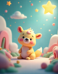Obraz premium Adorable 3D Rendered Fox Cub in Whimsical Pastel Landscape, Starry Night Sky