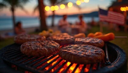 Family and friends gather for backyard barbecue at night, grilling delicious food near beach. American flag waves in background, illuminated by warm string lights, creating festive celebration scene.