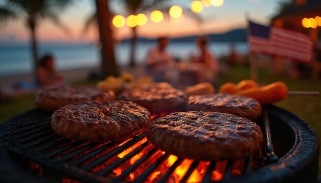 Family and friends gather for backyard barbecue at night, grilling delicious food near beach. American flag waves in background, illuminated by warm string lights, creating festive celebration scene.