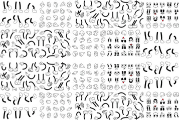 Retro cartoon legs and hands. Vintage hand, foot and f. Hands with gloves and feet with boots, various poses for characters, a set of poses, gestures, placement of hands and feet. Body parts mascot.