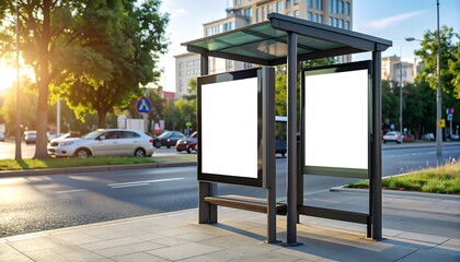 Empty bus stop with blank advertisements