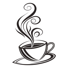 Stylized black and white illustration of a steaming coffee cup and saucer with elegant swirling steam perfect for cafe branding and beverage designs