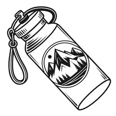 A stylized black and white illustration of a reusable water bottle with a mountain and pine tree landscape design on its side perfect for outdoor adventure themes