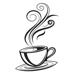 Stylized black and white illustration of a steaming coffee cup and saucer with decorative swirling steam rising upwards perfect for cafe branding or beverage themes