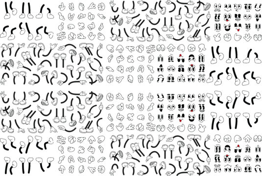 Retro cartoon legs and hands. Vintage hand, foot and f. Hands with gloves and feet with boots, various poses for characters, a set of poses, gestures, placement of hands and feet. Body parts mascot.