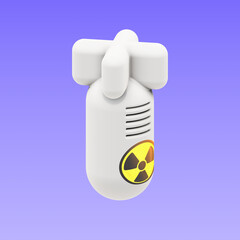 Modern 3D illustration of a white bomb with nuclear radiation warning sign, isolated on purple background. Perfect for games, apps, and creative design projects.