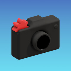 Modern 3D illustration of a black camera with a red star-shaped button on top, isolated on blue background. Perfect for apps, design, and web projects.